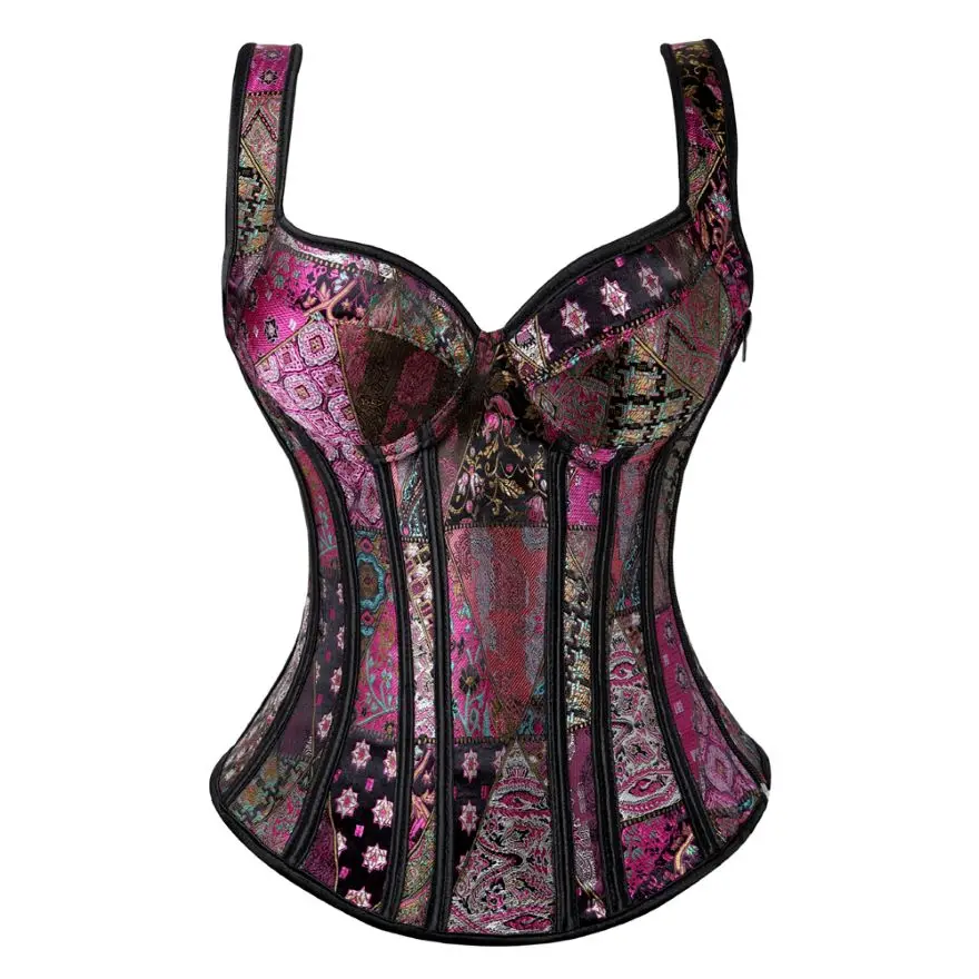 

Steampunk Straps Overbust Corset With Cup Zipper Side Sexy Jacquard Floral Corset Waist Cincher Bustier Lingerie Top Plus Size