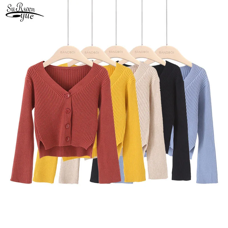 

Pull Femme 2020 Korean Style V-neck Long Sleeve Short Sweater Women New Women's Knitwear Early Autumn Cardigan Feminine 11036