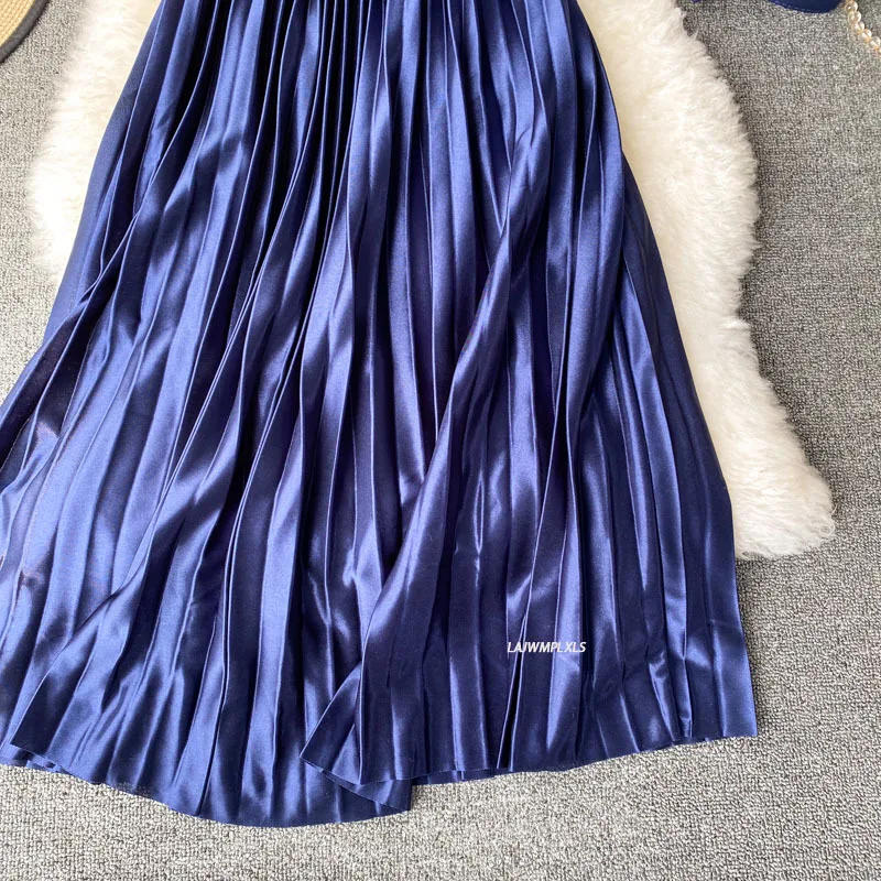 

Summer Ladies Skirts Long For Women Elegant High Waisted Female Skirts Womens Metallic Pleated Skirt Woman Faldas Mujer