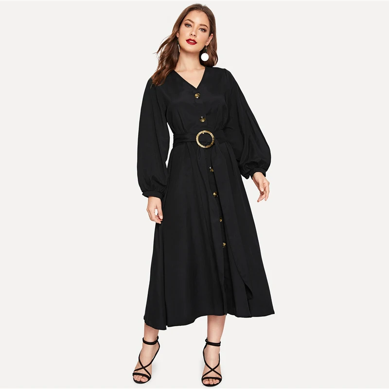SHEIN Платье На Пуговицах С Поясом Элегантное Платье С V-Образным Вырезом Для Женщин