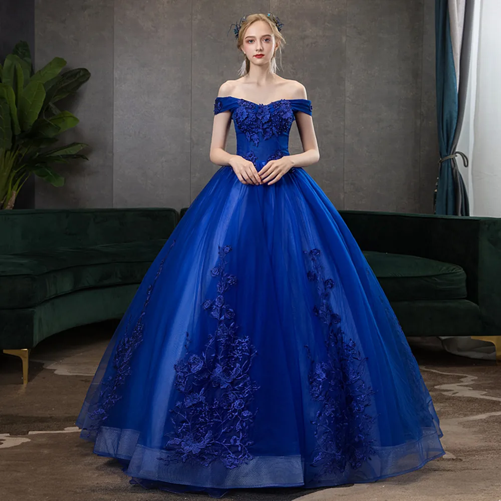 

Royal Blue Prom Dresses Off The Shoulder Appliques Beading Vestidos De Gala Largos Prom Dress Puffy Masquerade Ball Gowns