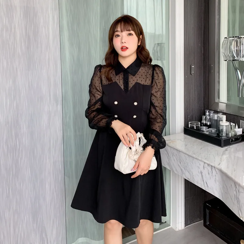 

Mesh Dot Print Long Sleeve Dress XL To 4XL oversized Women Robes Spring Autumn Casual Black Dress Midi Party Dresses TK1117