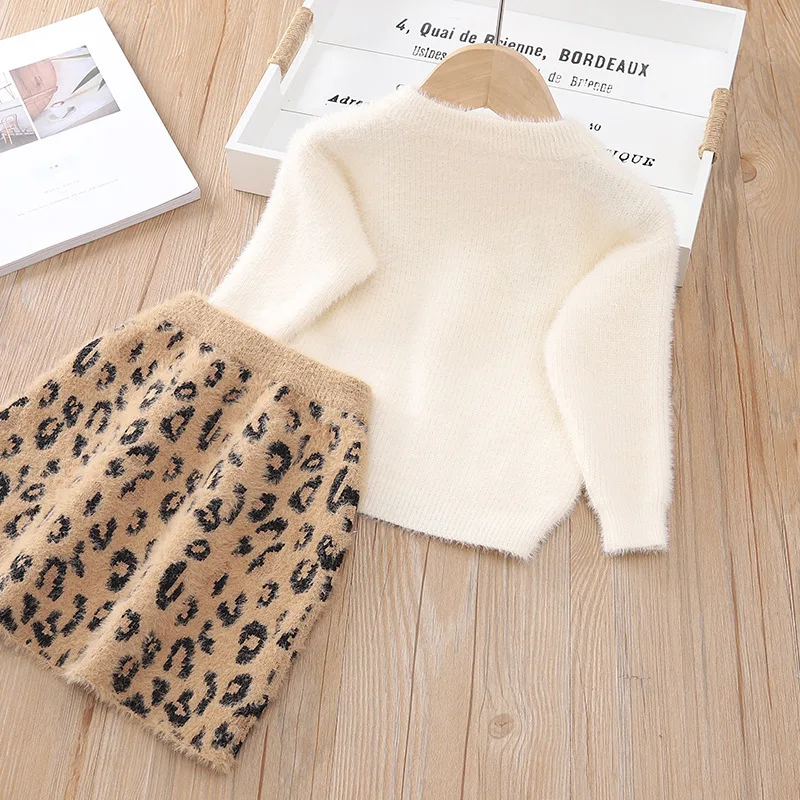 

Vintage Leopard Print Mink Fleece Sweater+Skirt 2Pcs Girls Clothing Sets Cute Children Kids Clothes New Hot Fashion Girl Dresses