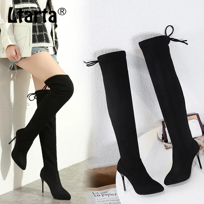 

LTARTA Women's Shoes 2021 Winter Super High Heel Pointed Toe Over-the-knee Boots Black Stiletto Lace-up Women's Boots CWF