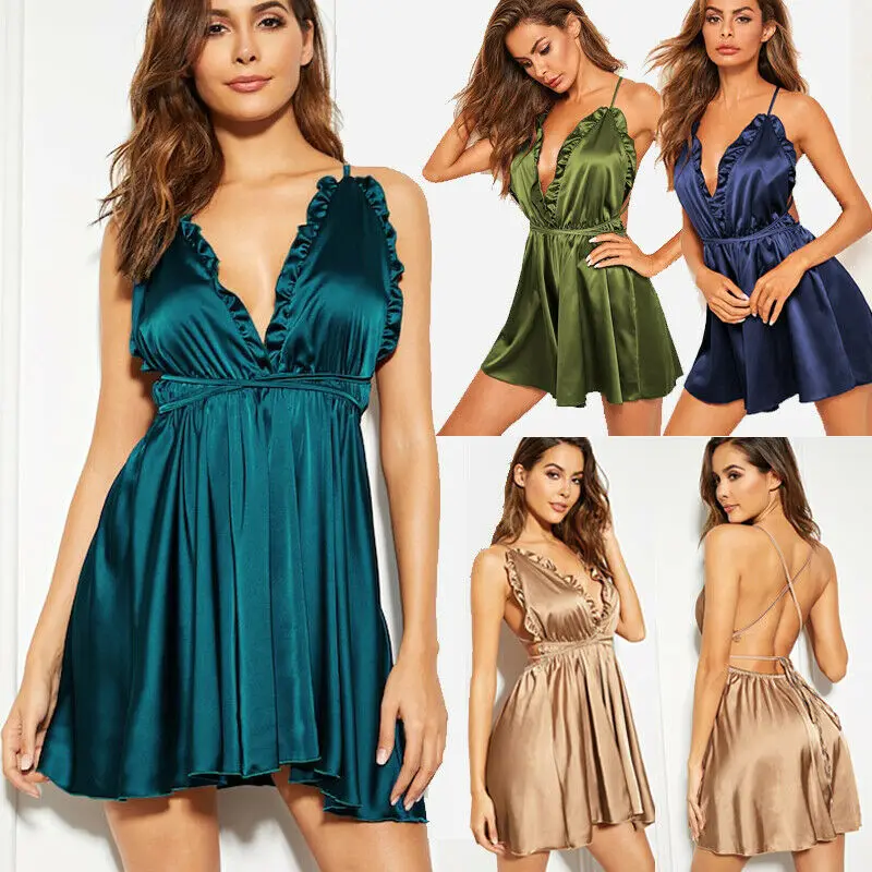 

Women Satin Silk Nightdress 2020Summer Fashion Sexy V-Neck Backless Bandage Sleepwear Nightgowns Sleepshirt For Females