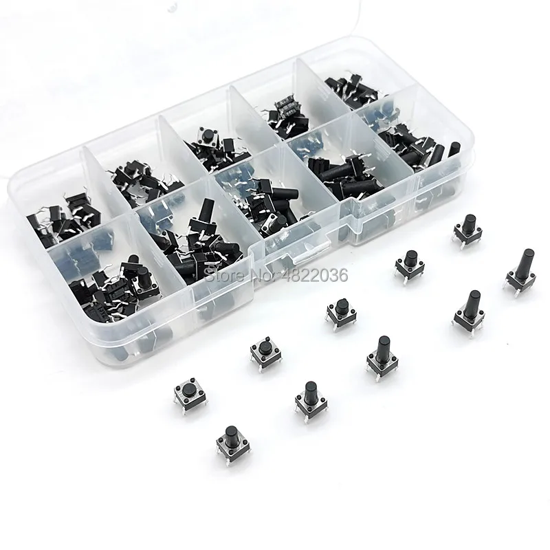 

100pcs 10models 6*6 Tact Switch 6x6 on off Tactile Push Button Switch Kit Height: 4.3MM-13MM 4Pin Micro switch 6x6 Key switch