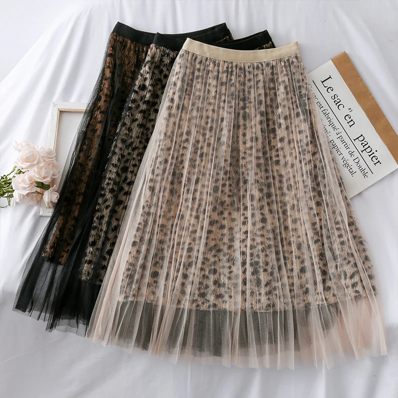 Женская юбка с леопардовым принтом винтажная до середины икры высокой талией и