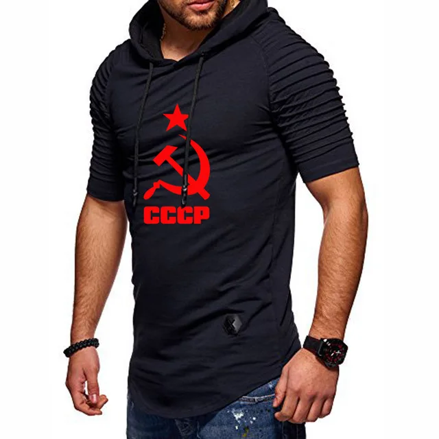 Футболка мужская летняя хлопковая со складками модная тенниска с капюшоном и