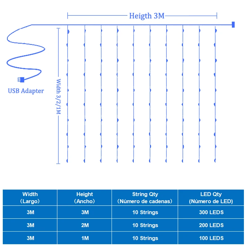

LED Curtain USB Light Fairy String Lights 8Mode 3X3M 3X1M 3X2M Fairy Garland For New Year Christmas Outdoor Wedding Home Decor