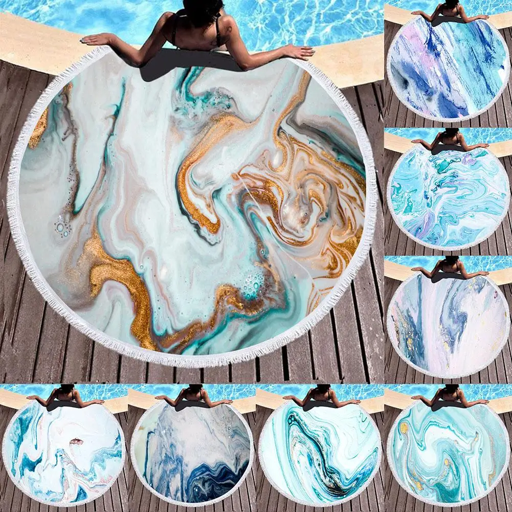 

Marble Large Round Beach Towel For Adult Colorful Quicksand Pattern Microfiber Shower Travel Blanket Bath Towel Swimming Cover