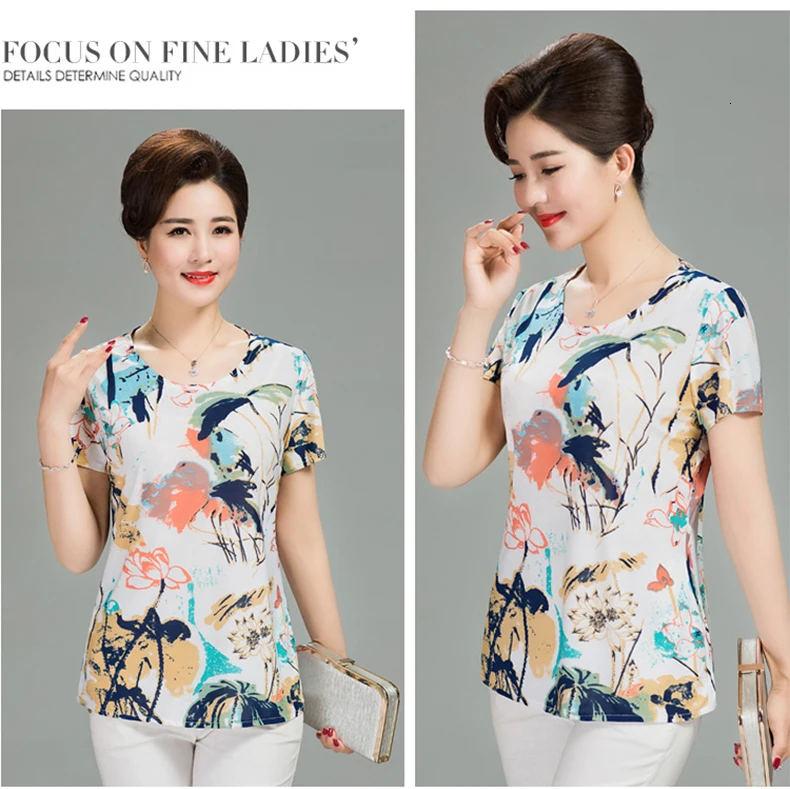 Женская футболка размера плюс, футболка 4XL с принтом, короткий рукав, молочная шелковая футболка, модная одежда для мамы среднего возраста, Vestidos