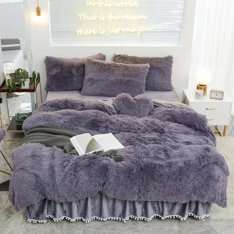 

Luxury Princess Style Plush Shaggy Warm Fleece Bedding Set Mink Velvet Double Duvet Cover Set Bed Skirt Pillowcases Home Textile
