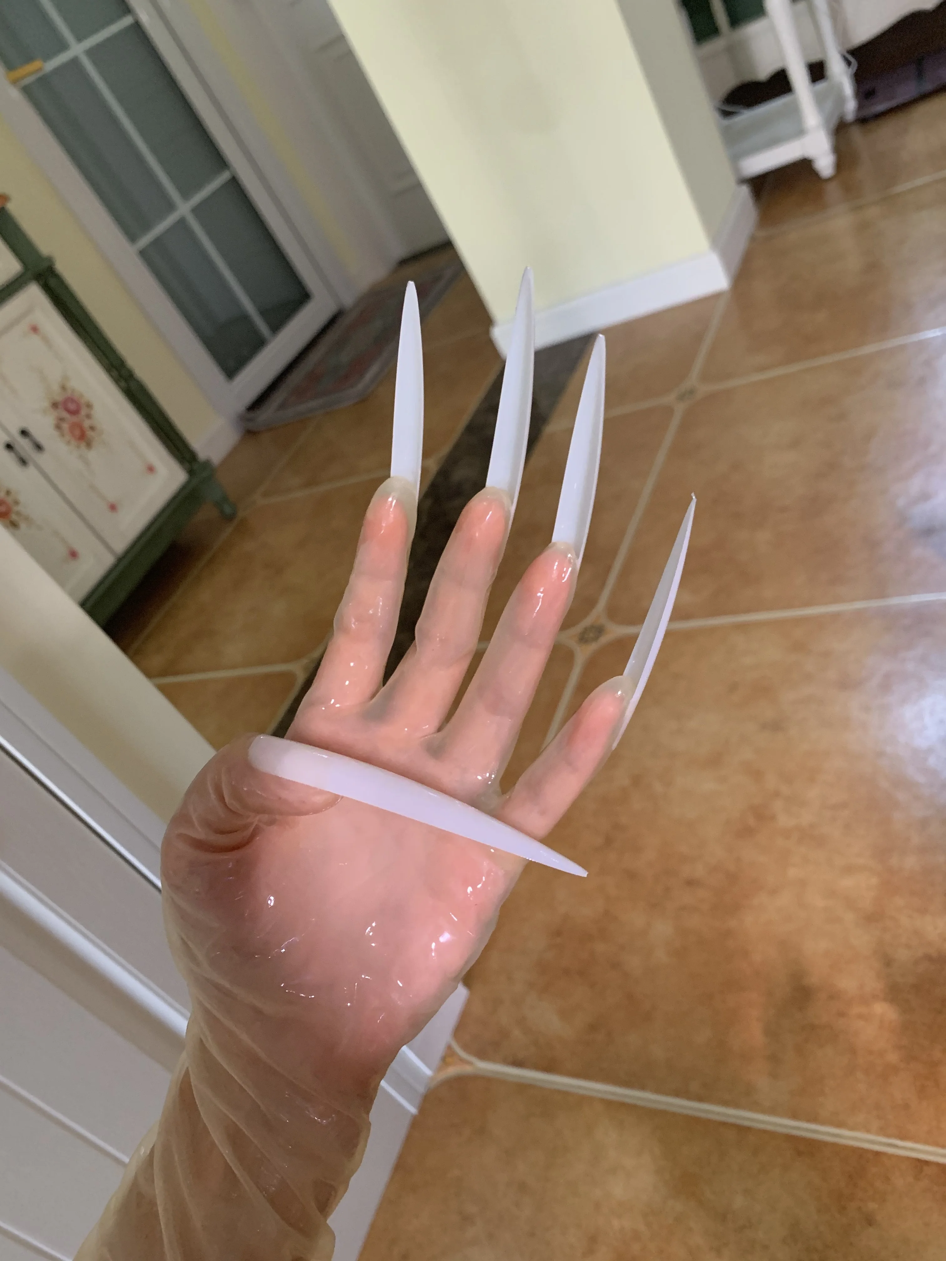 Crossdress Drag Queen Oil Shiny Transparent Super Thin Latex Cosplay Super Long Sharp Nails Fetish Sheer Cosplay Kigurumi Gloves