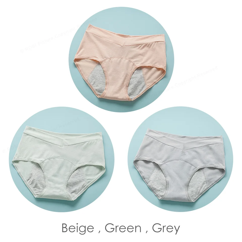 Beige Green Grey ROSI женское менструальное нижнее белье хлопок Комфорт высокая талия непроницаемые шорты трусики женские нижнее белье бренд трусы 3 шт - Цвет: Beige Green Grey