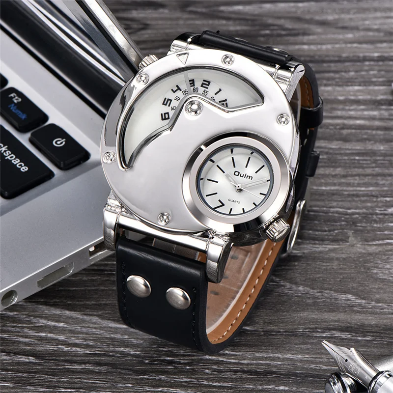 Мужские кварцевые часы с двумя часовыми поясами из ПУ кожи|Кварцевые мужские