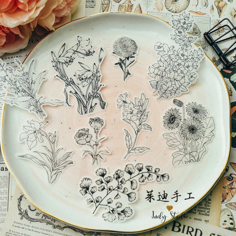 Винтажные Стикеры для рисования растений черно белые эстетические наклейки