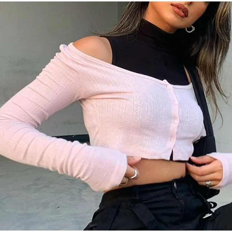 

Женские укороченные топы с открытыми плечами, прозрачный облегающий кардиган-водолазка, Женская Лоскутная пикантная уличная одежда с длин...