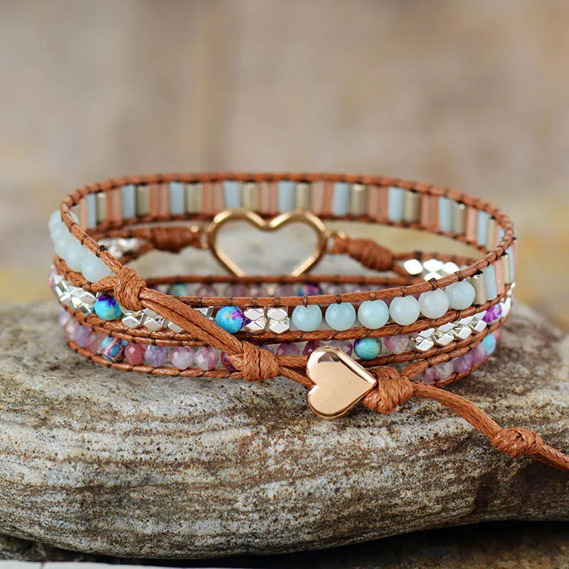 

Personalised Heart shape wrap bracelet and natural tourmaline stones, vegan bracelet, friendship gift, sister
