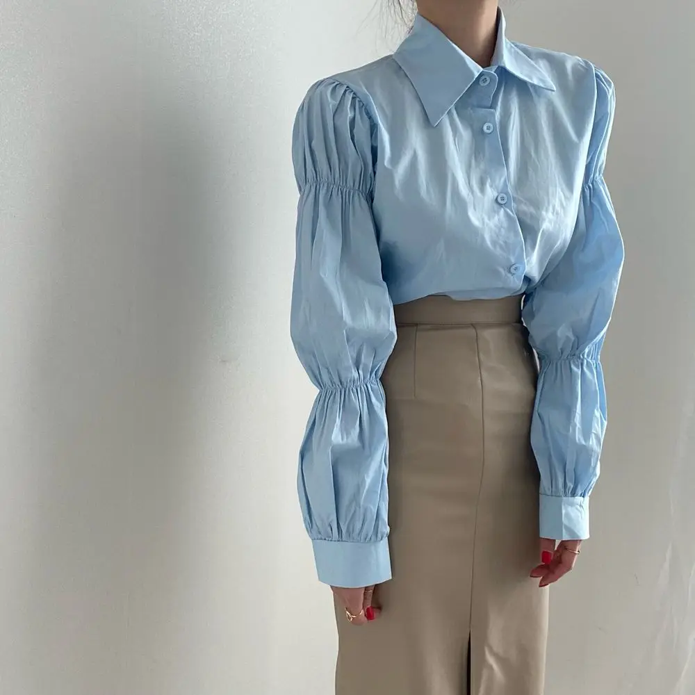 

Work Style Office Lady Solid Blouse Women Turn Down Collar Puff Long Sleeve Single Breast Blusas Spring Solid Slim Shirt