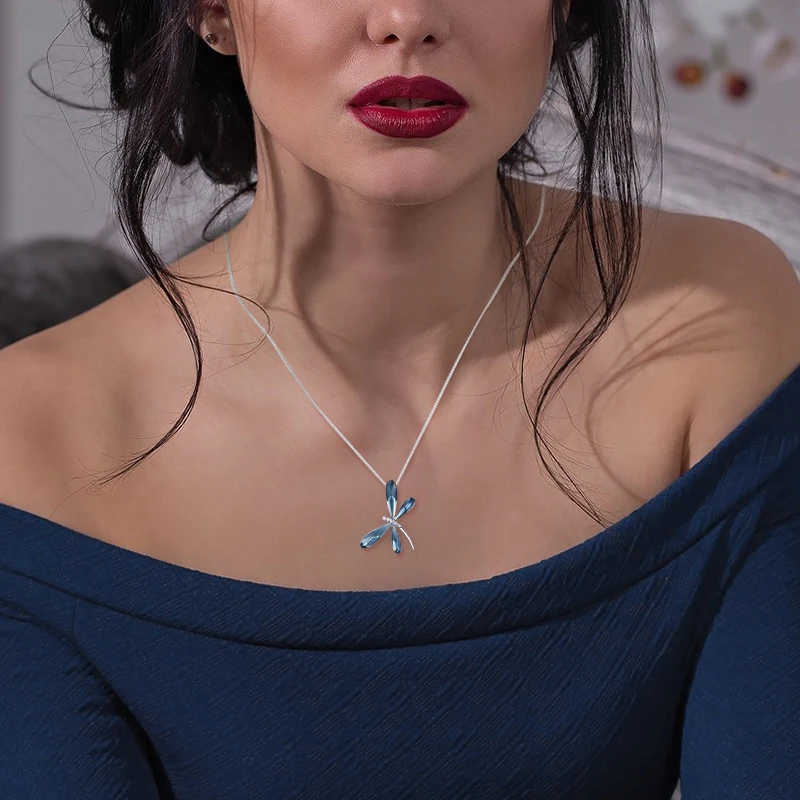 Женская подвеска со стрекозой Cdyle элегантная цепочка с голубым кристаллом