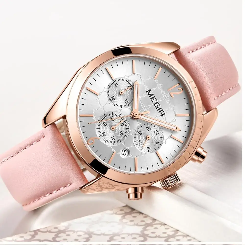 Часы MEGIR женские кварцевые, модные розовые, с кожаным ремешком, для влюбленных от AliExpress WW
