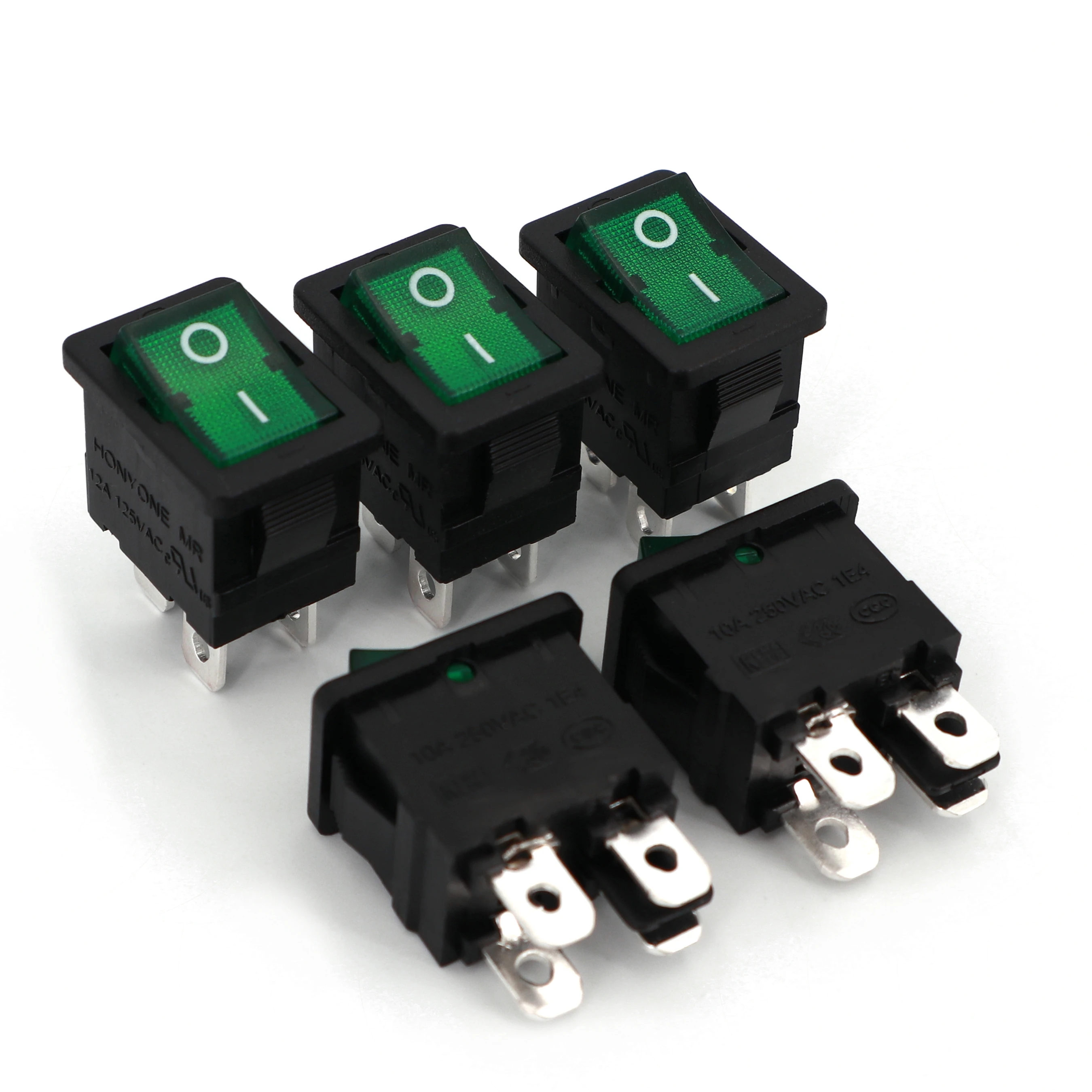 

5Pcs Green With Lamp 21*15mm 4Pin ON-OFF Maintained 2 Position DPST Mini Rocker Switch 12A/125VAC