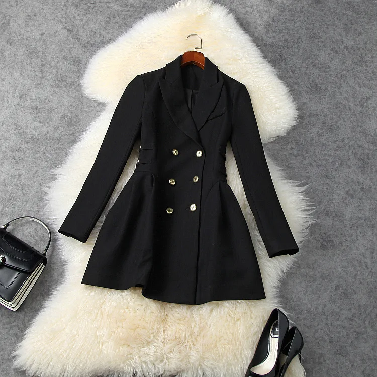 

European and American women's wear 2020 winter new style Long-sleeved suit collar double-breasted Fashion black coat