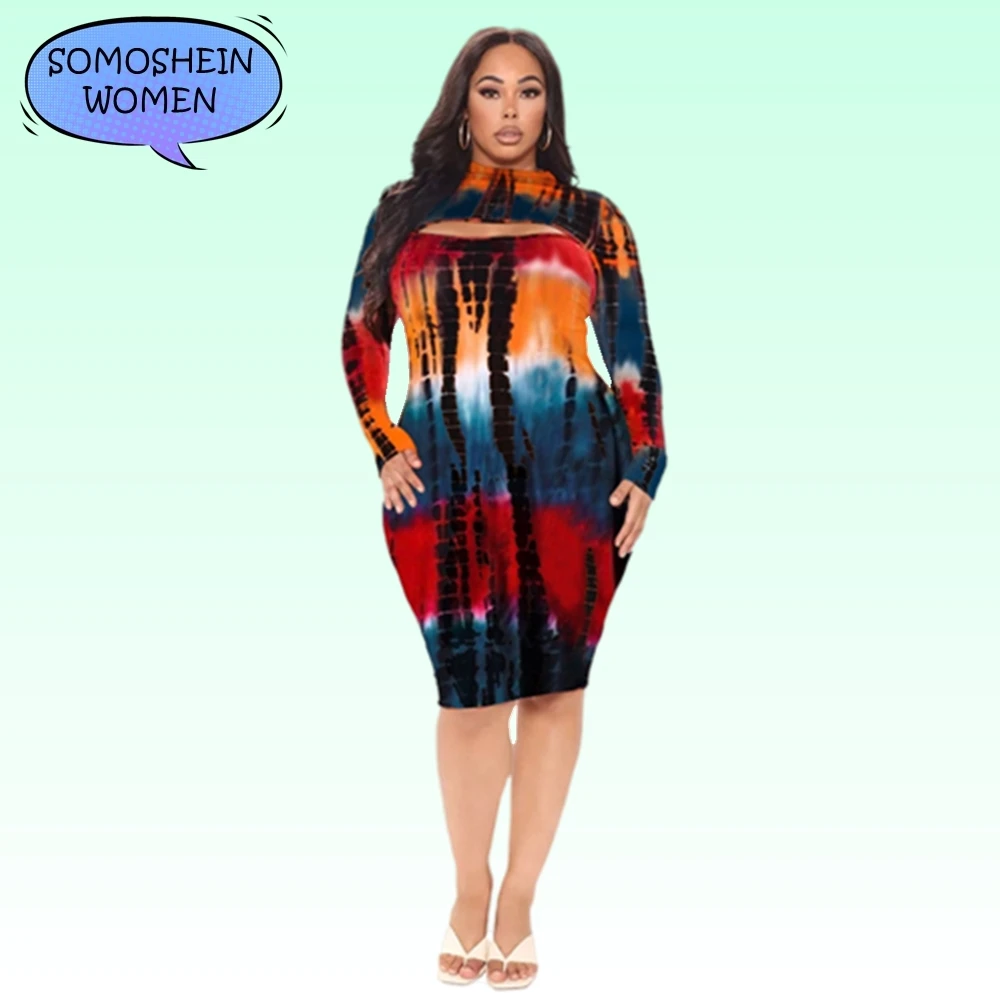 

Somoshein Plus Size Bodycon Dresses for Women XL-5XL Tie-dye Print Sexy Mini Dress Clubwear Fashion Hollow Out Women's Clothing
