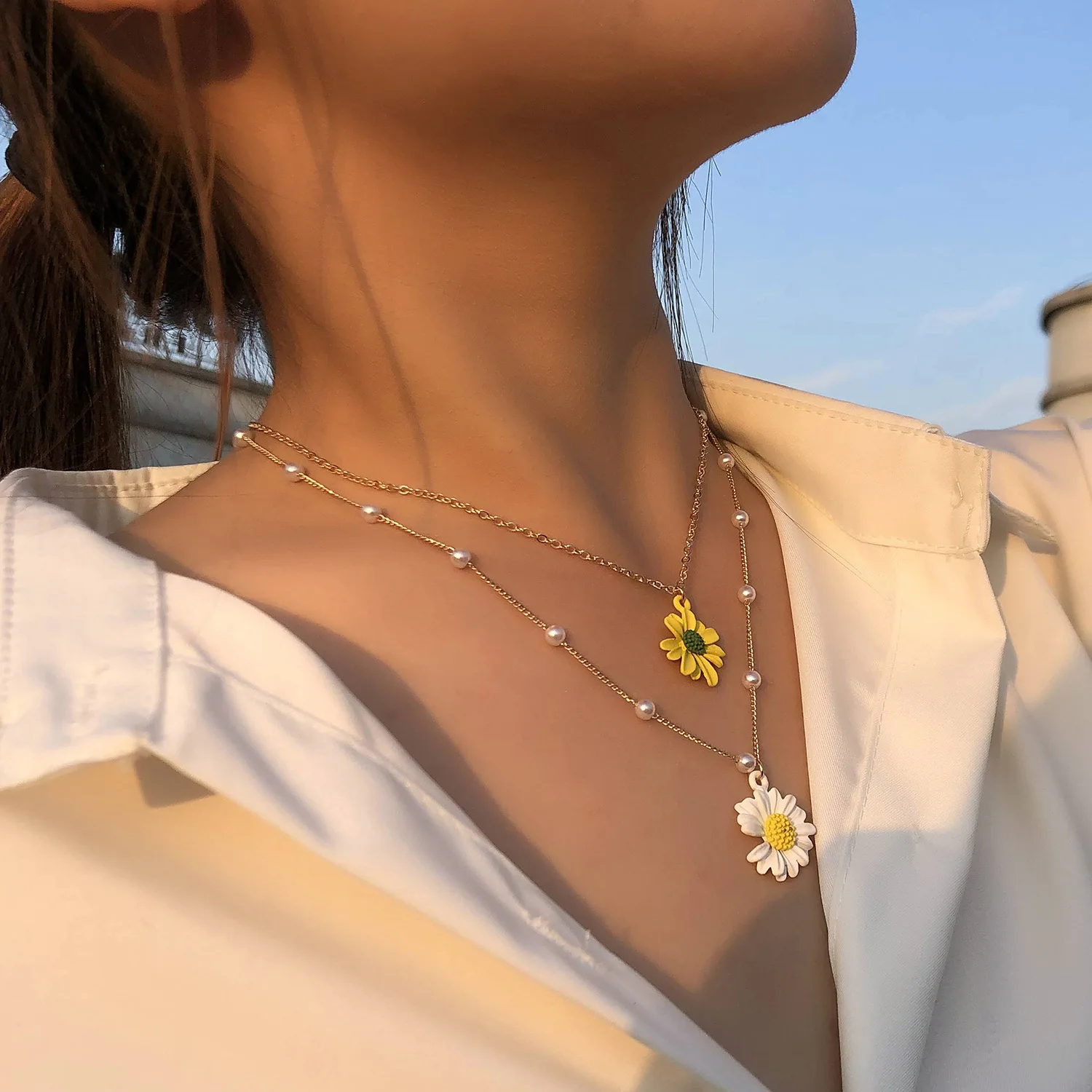 UMKA Sunflower Decoration Pearl Chain For Women 2021 Double-Layer Alloy Resin Long Choker Clavicle Necklace | Украшения и