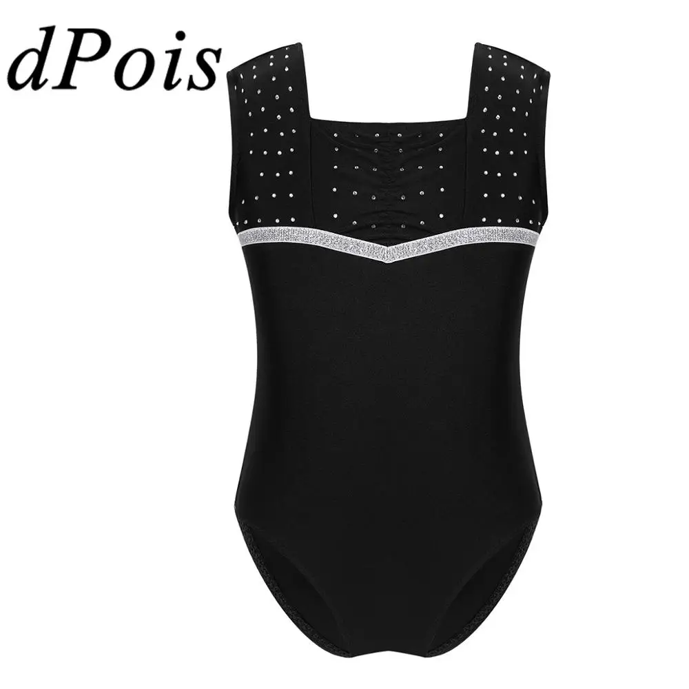 

Гимнастический купальник без рукавов для девочек, блестящие стразы, эластичный детский танцевальный костюм, детская танцевальная одежда, г...