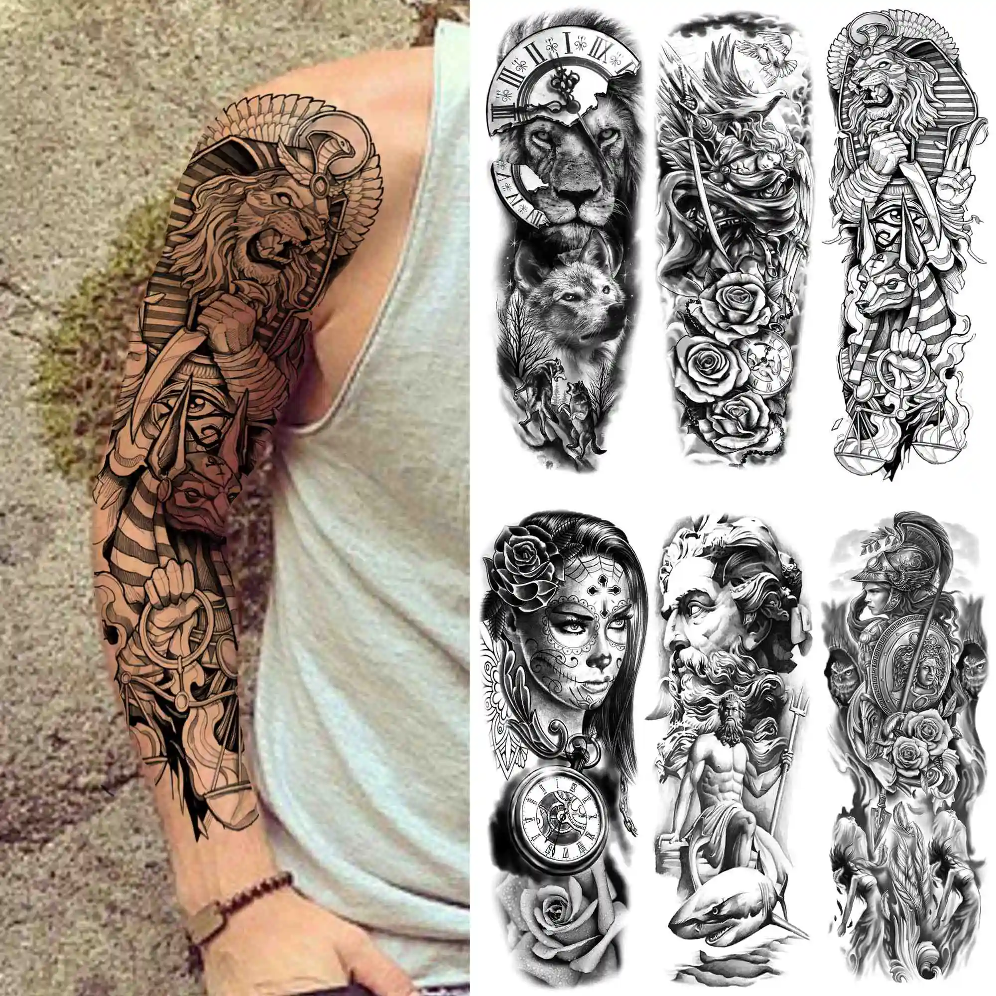 

Large Lion Full Sleeve Temporary Tattoos For Men Women Black Clock Soldier Tattoo Sticker Sleeve Fake Flower Body Art Arm Tatoos