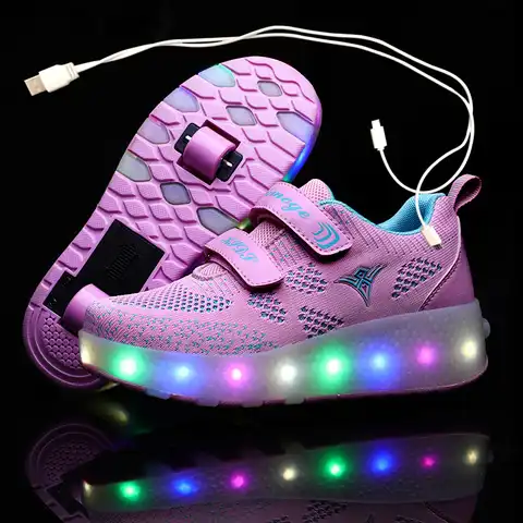 Детские кроссовки на роликовых коньках, зарядка через USB, повседневная обувь для мальчиков и девочек, светодиодная подсветка, светящиеся, ав...