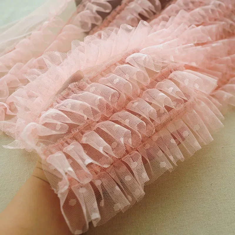 Кружевная ткань 2 м 40 см широкая с оборками подол в горошек плиссированная