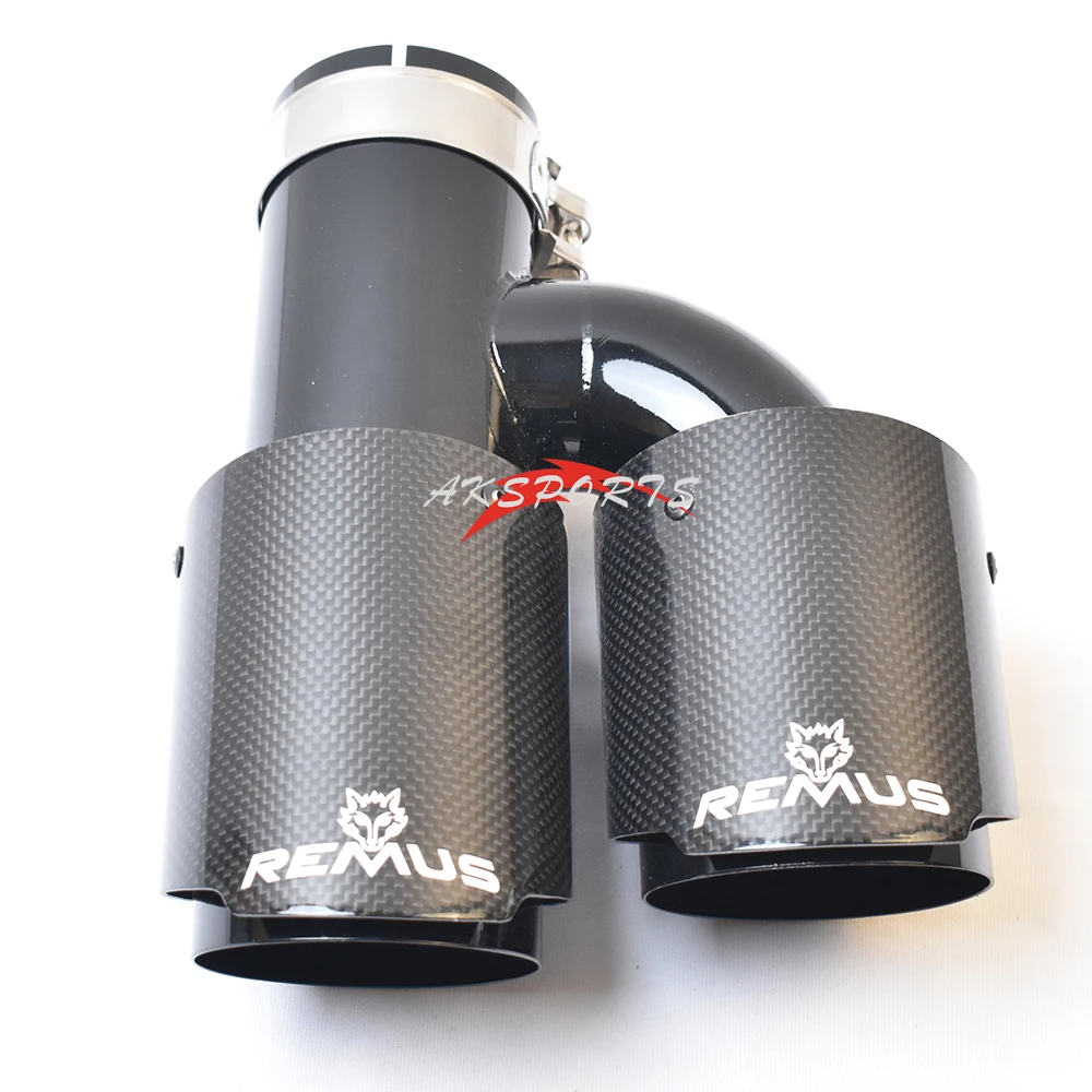 

1PC Right Side Glossy Black Stainless Steel Straight Muffler Pipe Carbon H Style End Tail Exhaust Tip With Remu Logo