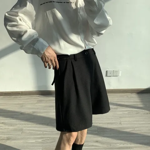 Шорты мужские с широкими штанинами, модные повседневные штаны в Корейском стиле, драпированные свободные до колена, с поясом, в стиле ретро, лето