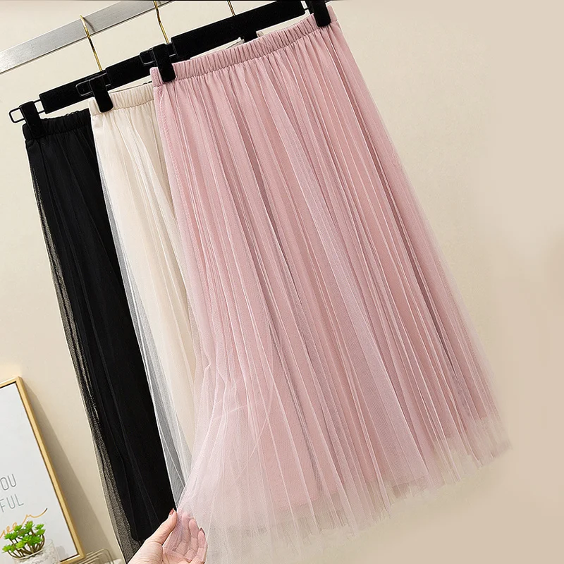 

New 2021 Women Tulle Skirt Elastic High Waist Mesh Spring Summer Fashion Long Skirt A Line Black Girl Korean Pleated