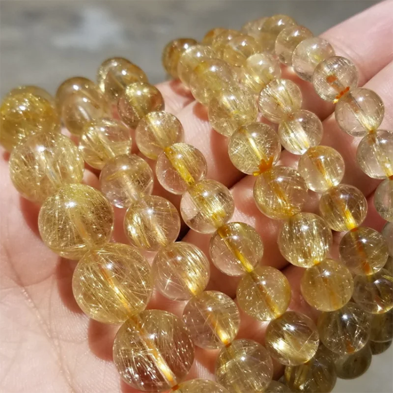 

Golden Rutilated Quartz Bracelet Natural Stone Crystal Bead Bangles Jewelry For Women Fashion Birthday Party Gift Bracelets