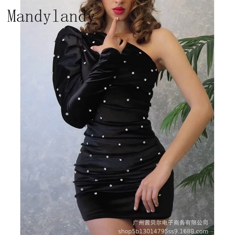 

Mandylandy Dress Autumn Sexy One Shoulder Puff Sleeve Pleated Dress Women's Casual Solid Color Slim Embroidered Flares Dress
