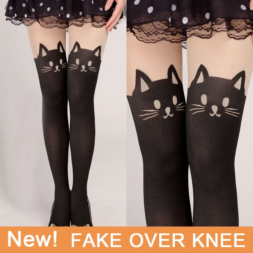 Женские пикантные колготки в стиле Харадзюку С мультяшным котом для девочек