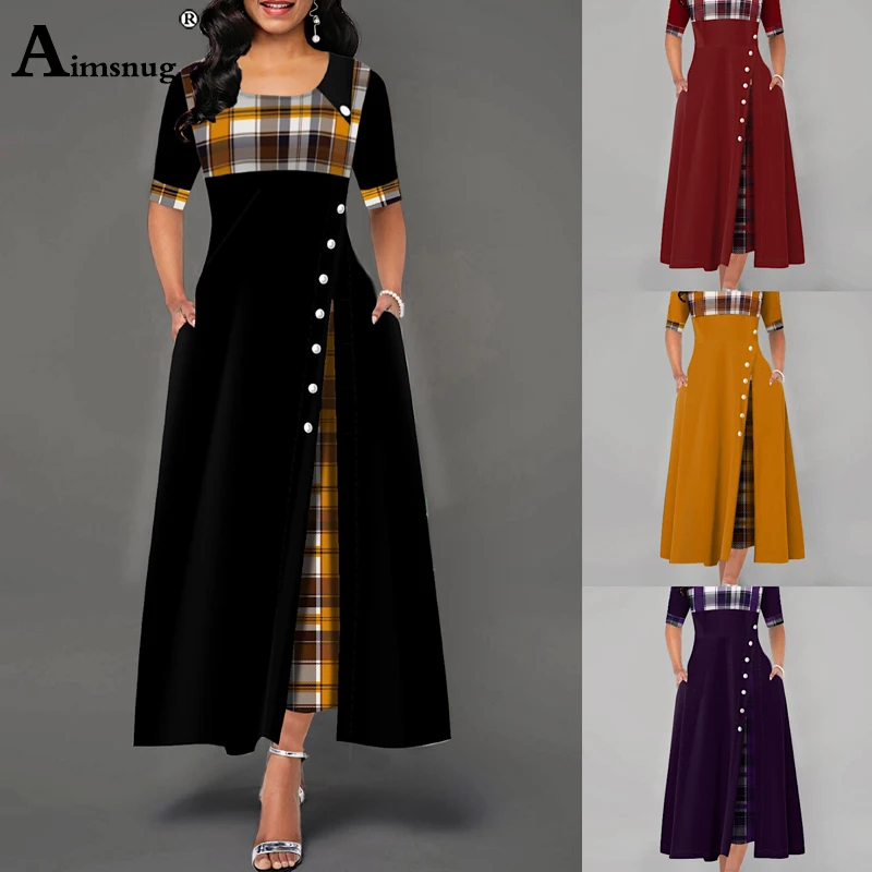 Plus Size 4XL 5XL Women's Elegant Long Plaid Print Party Dresses - Irregular Ladies Vintage Button Dress with Patchwork A-Line image 4