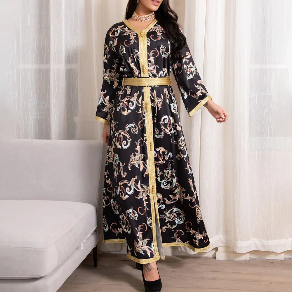 

2021 Summer New Middle East Printing Long Belt Muslim Women's Dress Robe Fashion Loose Casual V-neck Long Sleeve