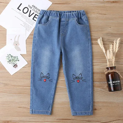 

Детские джинсовые брюки, весна-осень 2021, джинсы для девочек с милым принтом, повседневные джинсовые брюки в Корейском стиле для детей и дево...