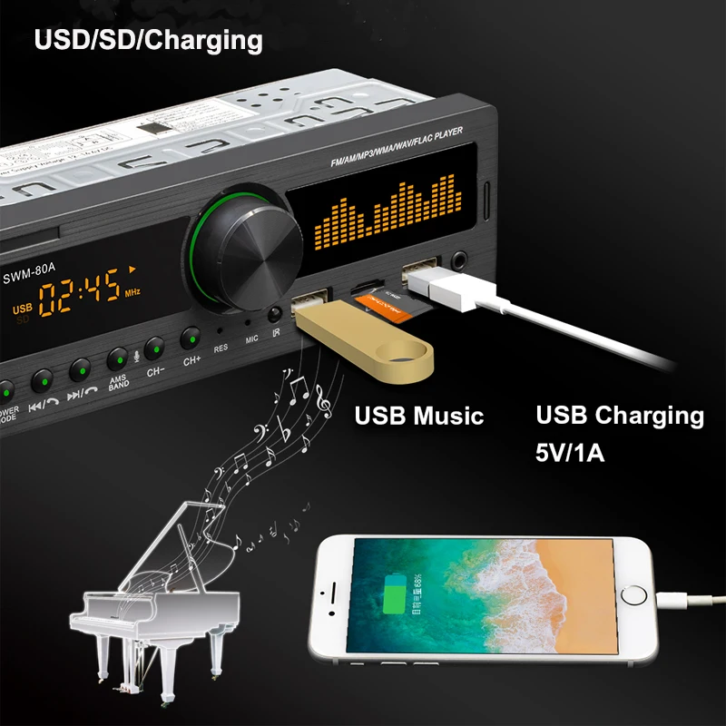 Автомагнитола 1 Din USB mp3 плеер Bluetooth гарнитура громкой связи A2DP AM FM SD Aux