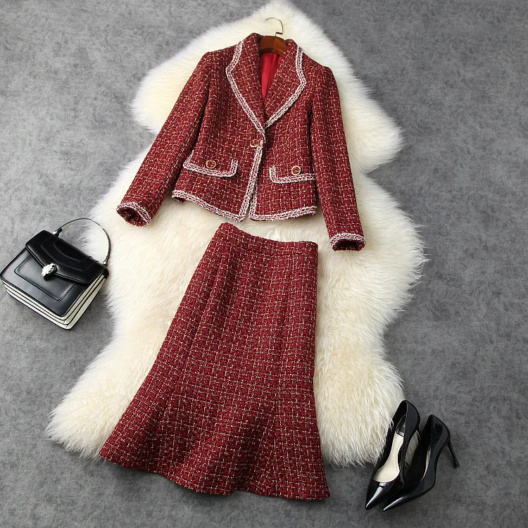 

European and American women's wear 2020 winter new style Long-sleeved tweed coat Fishtail skirt Fashionable two-piece suit