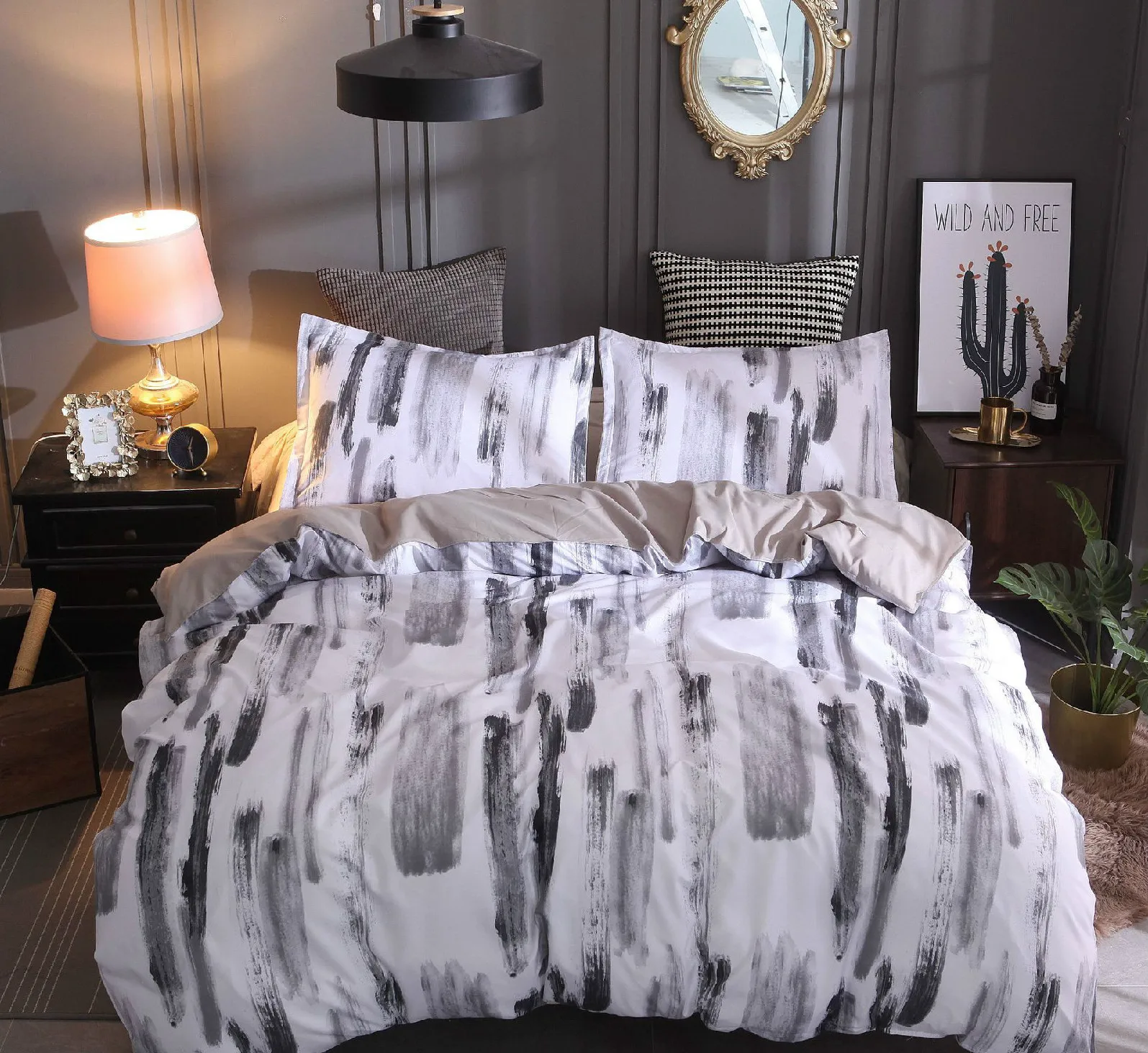 

Creative Fashion Home Textile Splash-ink Personality Black and White Ink Plain Three-piece Set Bed Set Queen Size