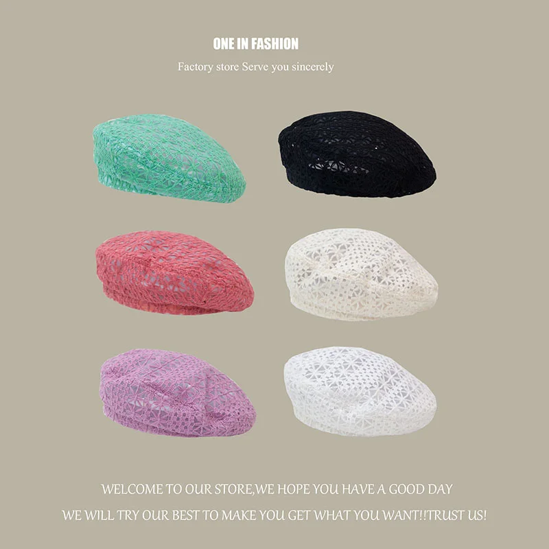 

Берет вязаный крючком Женский, однотонный берет с вырезами, милый цветочный узор, винтажная шляпа художника с напуском, ручной работы