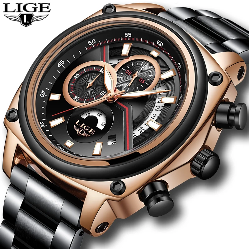 LIGE мужские часы Топ бренд класса люкс золотые спортивные Бизнес Кварцевые для