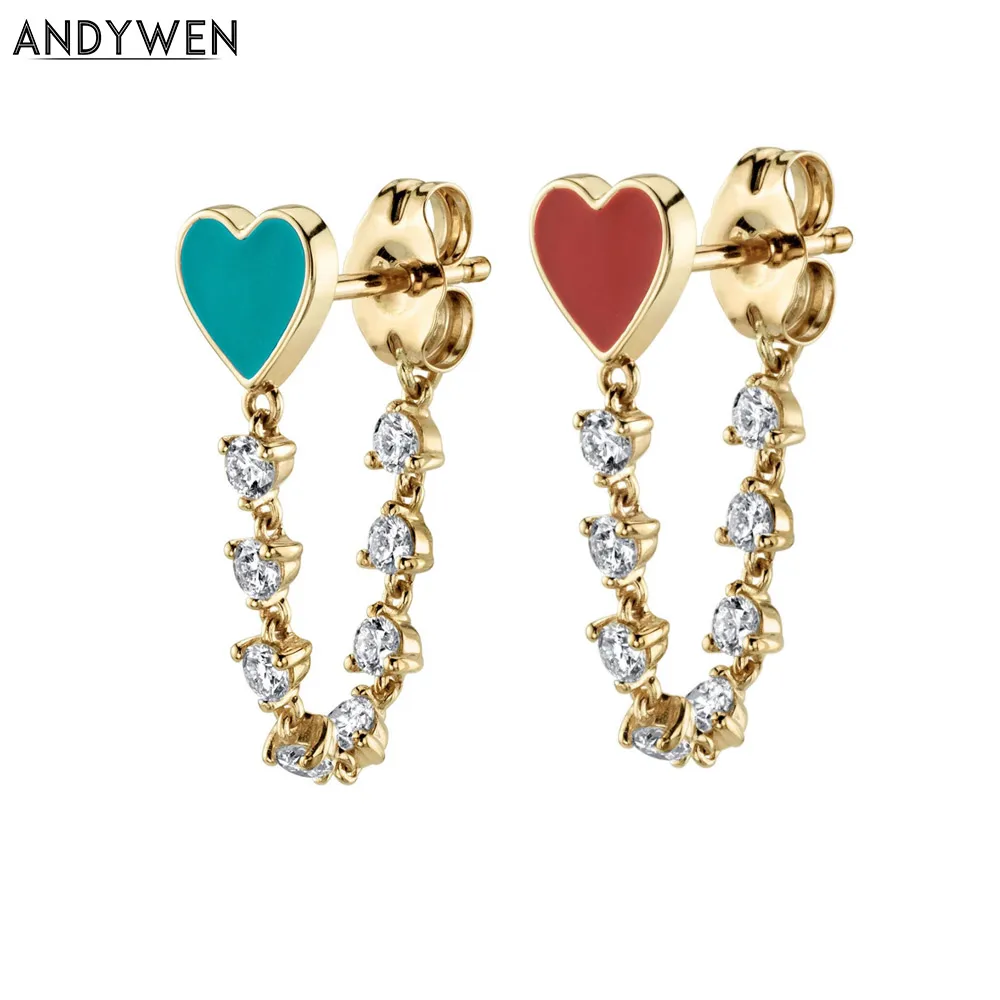 Серьги гвоздики ANDYWEN из серебра 925 пробы с эмалью в форме сердца цепочка женские