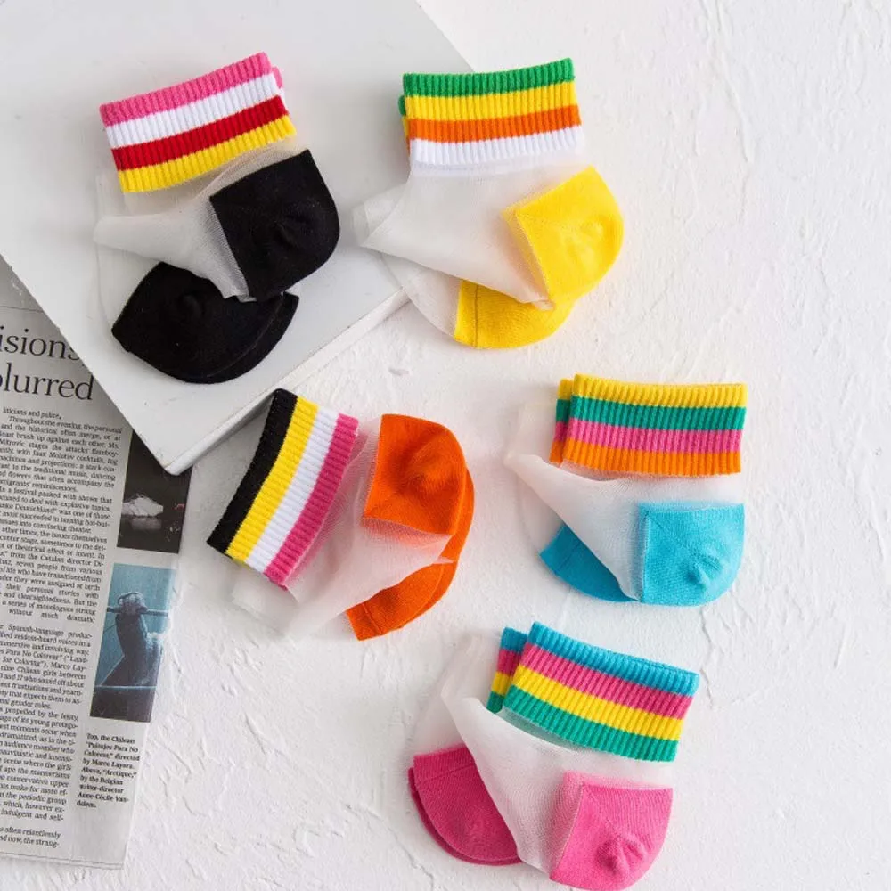 Женские летние носки в радужную полоску прозрачные невидимые модные