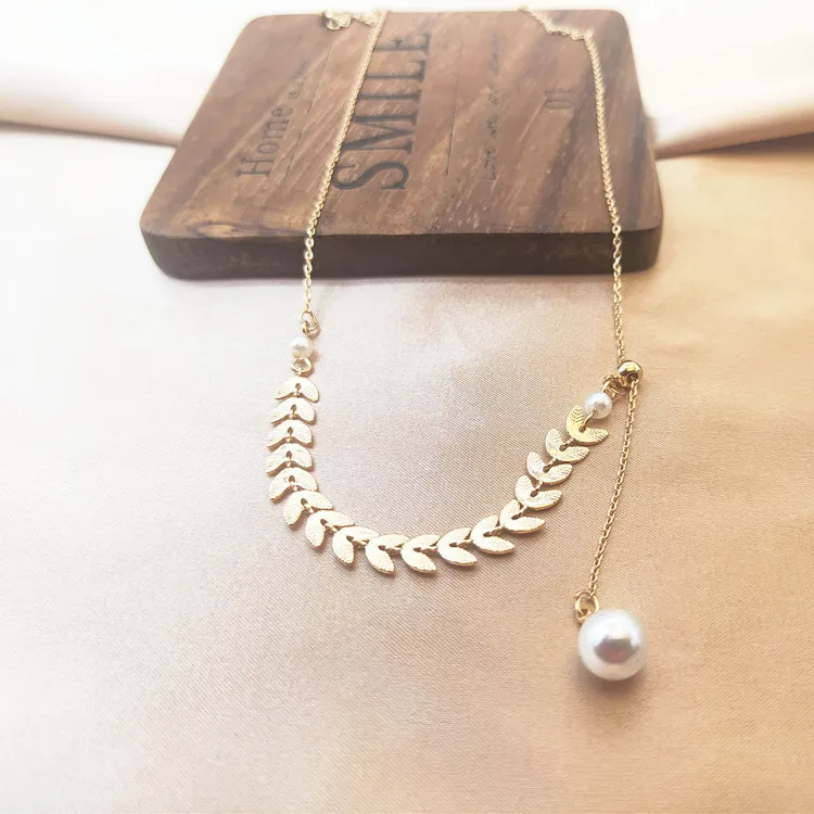 

RUIYI Cool wind wheat Tassel Necklace women's fashion net red simple pearl pendant short clavicle neck chain (XL4002)